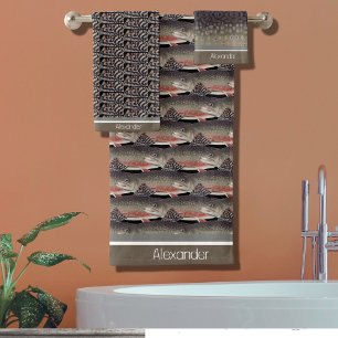 Conjunto De Toalhas Monograma Moderno Truta Peixe Design Cinza Branco
