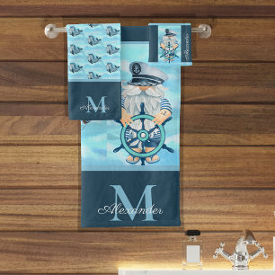 Conjunto De Toalhas Monograma Náutico Capitão Gnome Blue White Boy