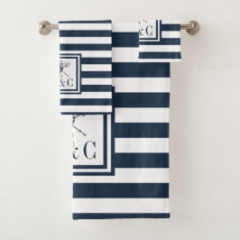 Conjunto De Toalhas Monograma Náutico de Stripe Azul Marinho