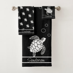 Conjunto De Toalhas Monograma Negro n Tartaruga do Mar Branco Náutico