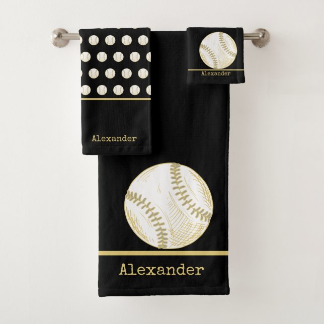Conjunto De Toalhas Monograma Nome Dourado Baseball Black (Insitu)