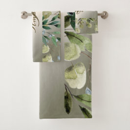 Conjunto De Toalhas Monograma Nome Folhas Verdes Bronze Dourado Elegan