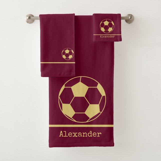 Conjunto De Toalhas Monograma nome Futebol Dourado Burgundy (Insitu)