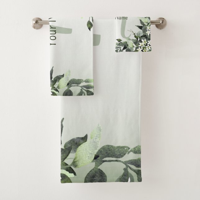 Conjunto De Toalhas Monograma Nome Greenery Folhas Florais de Eucalypt (Insitu)