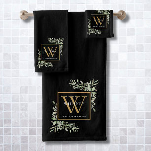 Conjunto De Toalhas Monograma Nome Preto Dourado Verde Água Banho