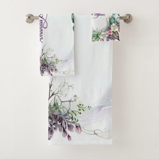 Conjunto De Toalhas Monograma Nome Purple Floral Green Foliage Rustic (Insitu)