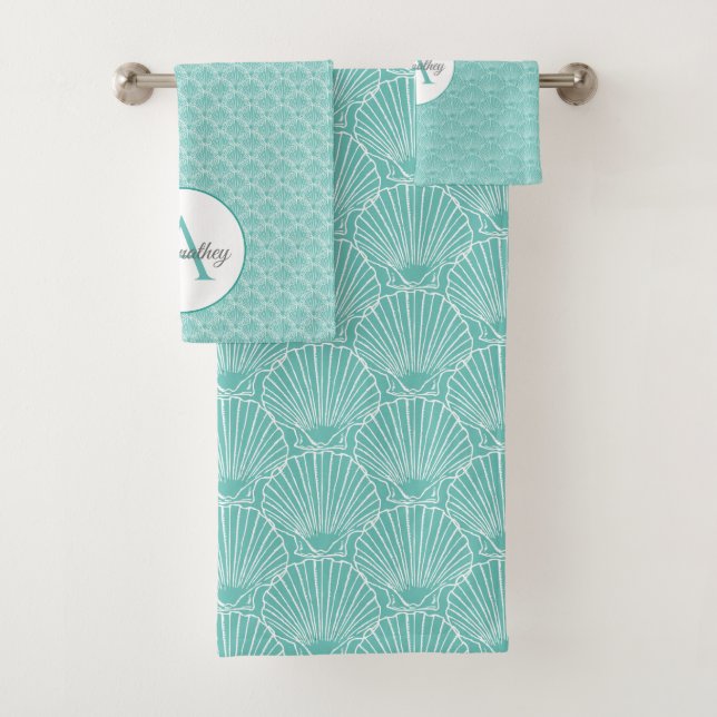 Conjunto De Toalhas Monograma Nome White Sea Shell Pattern Beach House (Insitu)