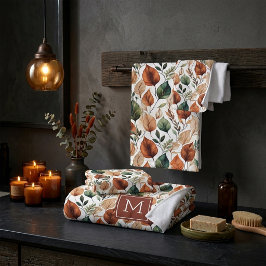 Conjunto De Toalhas Monograma padrão de folhas de terracota e sage de 