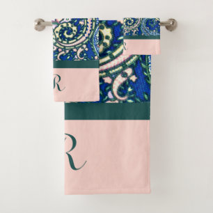 Conjunto De Toalhas Monograma Paisley Blue Sage Leve Verde Rosa