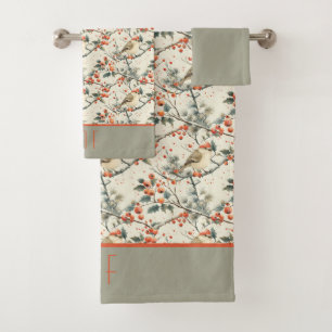 Conjunto De Toalhas Monograma Pássaro Antigo Vintage Azevinho Cores Ne