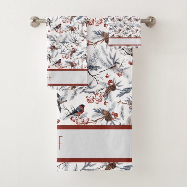 Conjunto De Toalhas Monograma Pássaro Branco Cinza Ramo Prata Frutas V (Insitu)