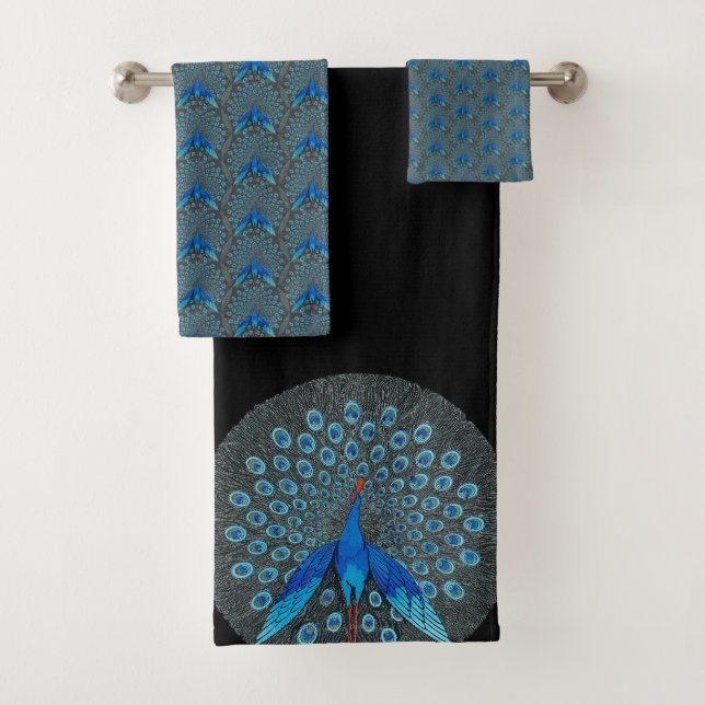 Conjunto De Toalhas Monograma Pavock Azul Teal e Monograma Negro (Insitu)
