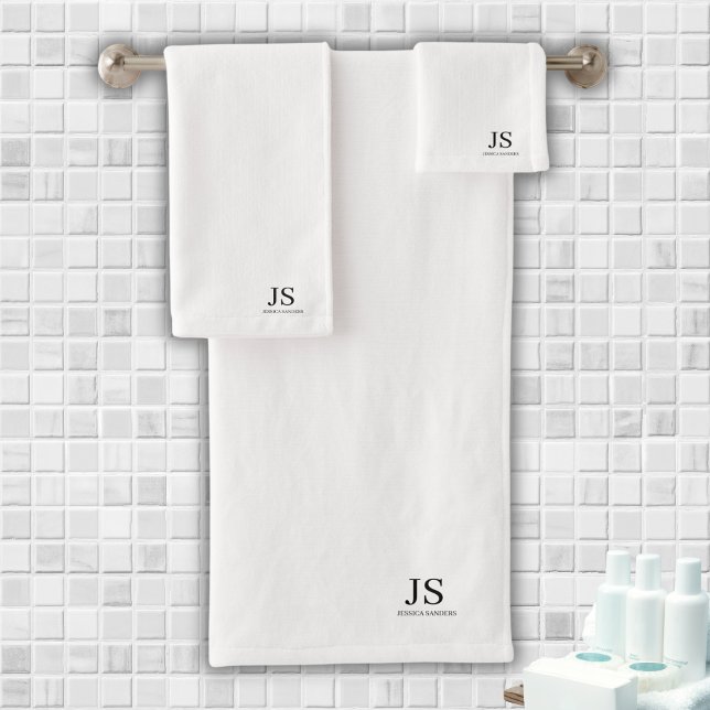 Conjunto De Toalhas Monograma personalizado branco elegante (Elegant Monogram Personalized White Bath Towel Set)