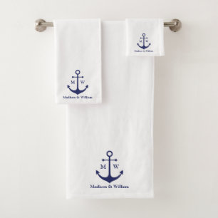 Conjunto De Toalhas Monograma personalizado branco marinho âncora ná