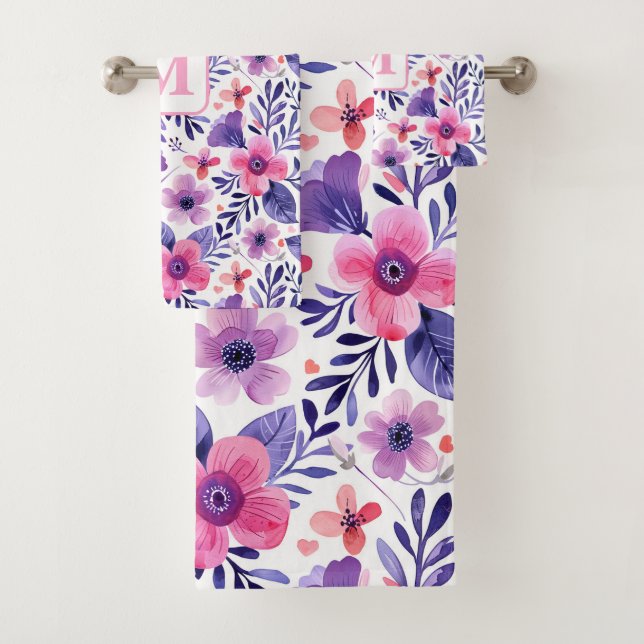 Conjunto De Toalhas Monograma personalizado de flores roxas pintadas à (Insitu)