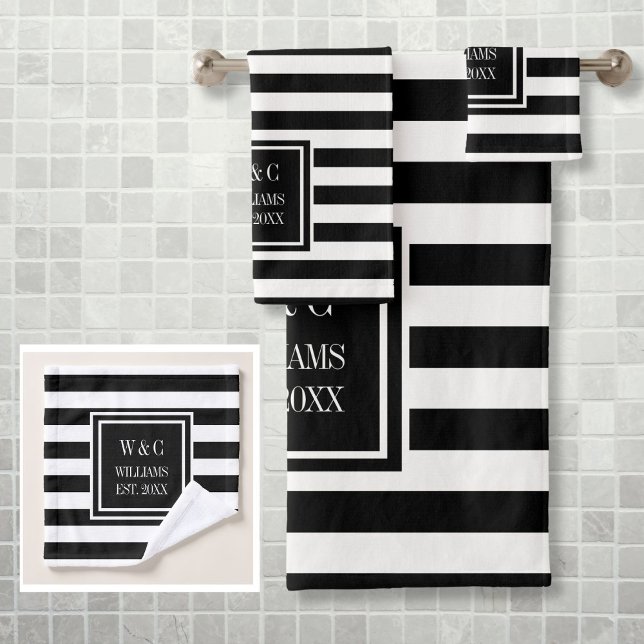 Conjunto De Toalhas Monograma Personalizado de Stripe Branca Preta (Black White Stripe Personalized Monogram Bath Towel Set)