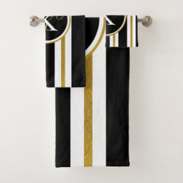 Conjunto De Toalhas Monograma Personalizado de Stripes Negras e Dourad