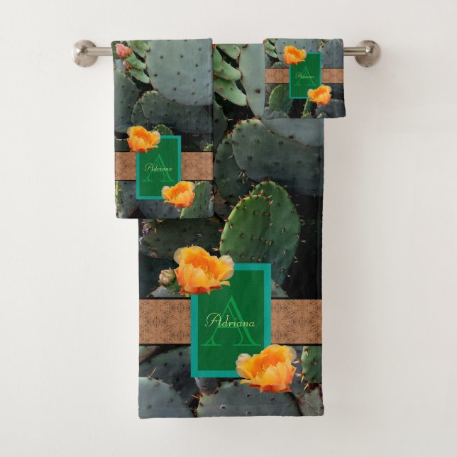 Conjunto De Toalhas Monograma Personalizado Laranja Picly Pear Cactus  (Insitu)