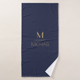 Conjunto De Toalhas Monograma Personalizado Nome Marinho e Dourado
