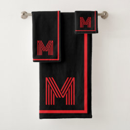 Conjunto De Toalhas Monograma Personalizado Preto e Vermelho Elegante