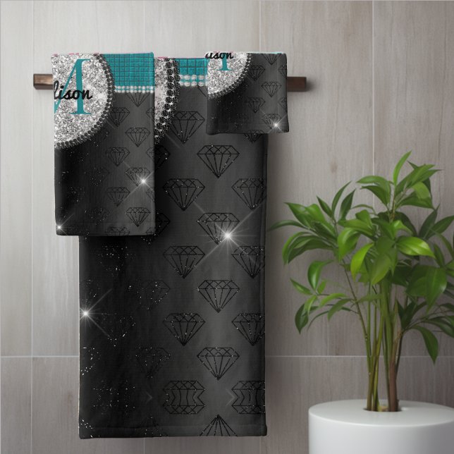 Conjunto De Toalhas Monograma preto turquesa brilho prata falso Chic (Criador carregado)