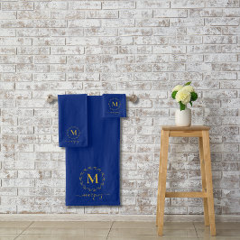 Conjunto De Toalhas Monograma Real Azul Dourado da Terra Elegante