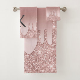 Conjunto De Toalhas Monograma Rosa Dourado Brilho Gotejante na Moda