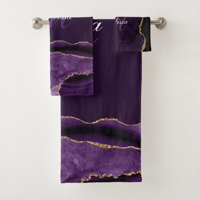 Conjunto De Toalhas monograma roxo e agata dourada moderna (Insitu)