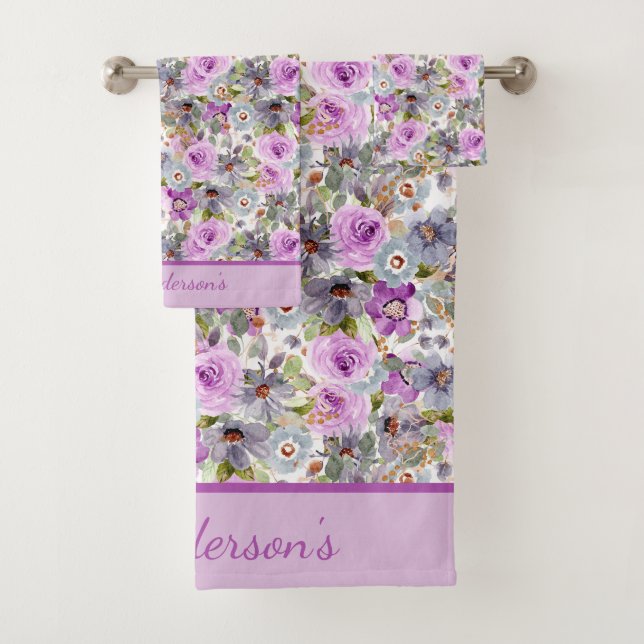 Conjunto De Toalhas Monograma Roxo Rosa Azul Aquarela Floral  (Insitu)