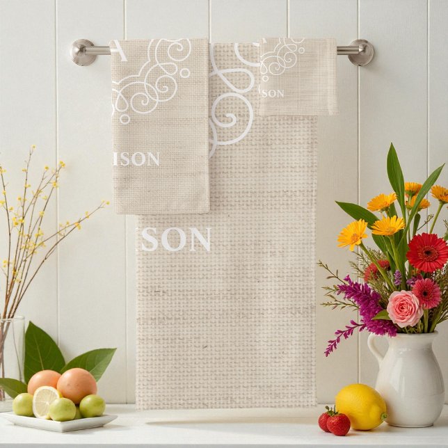 Conjunto De Toalhas Monograma Rustic Burlap Beige Farmhouse (Criador carregado)