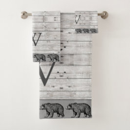 Conjunto De Toalhas Monograma Rustic Wood Walking Bear
