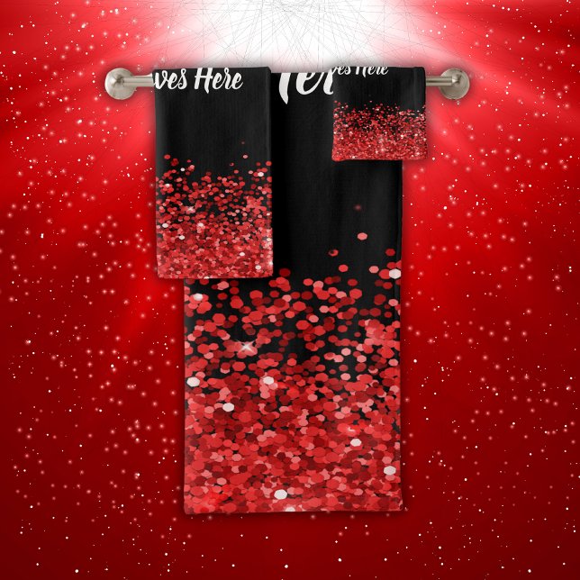 Conjunto De Toalhas Monograma - Texto branco a preto com brilho vermel (Criador carregado)