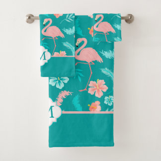 Conjunto De Toalhas Monograma Tropical de Hibiscus Pink Flamingo