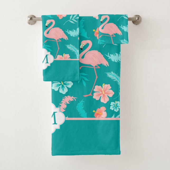 Conjunto De Toalhas Monograma Tropical de Hibiscus Pink Flamingo (Insitu)