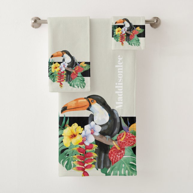 Conjunto De Toalhas Monograma Tropical Nome Black Toucan Bathroom (Insitu)