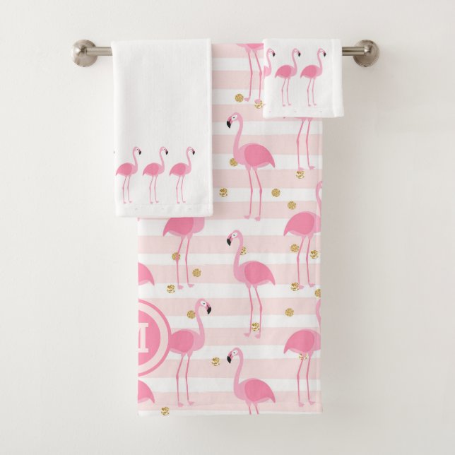 Conjunto De Toalhas Monograma Tropical Rosa Flamingo Stripe (Insitu)