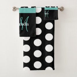 Conjunto De Toalhas Monograma Verde Teal Bolinhas Branca Preta