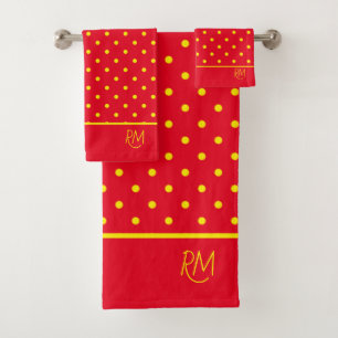 Conjunto De Toalhas Monograma Vermelho Com Bolinhas Amarelas