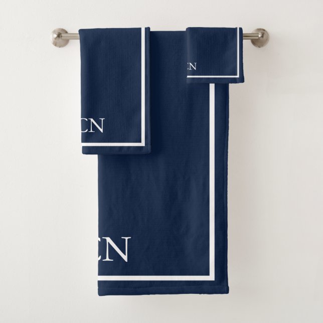Conjunto De Toalhas Monogramado Azul Marinho Branco Borda Clássico  (Insitu)