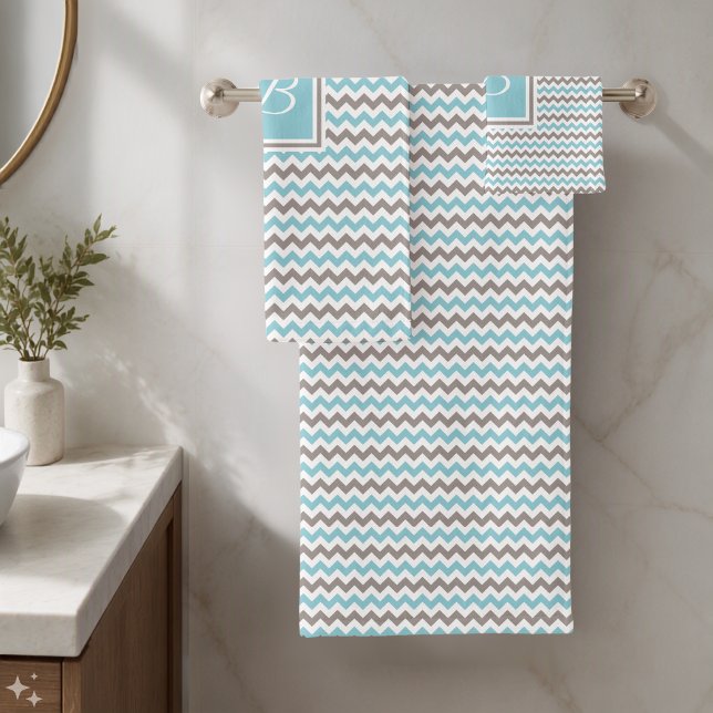 Conjunto De Toalhas Monogramado Branco Azul Cinza Chevron (Criador carregado)