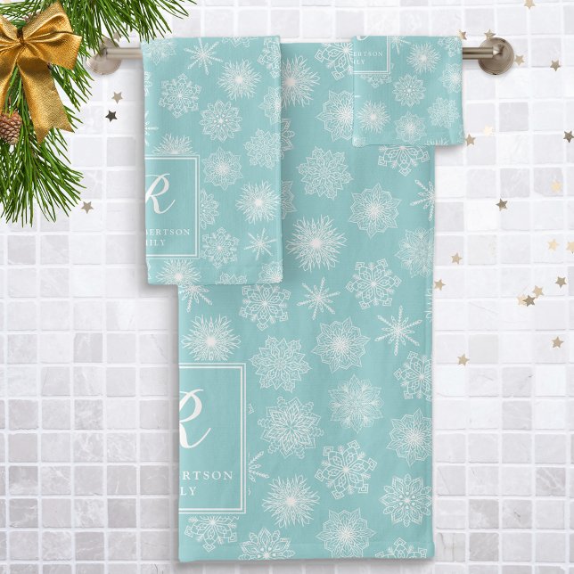 Conjunto De Toalhas Monogramas Teal Aqua Snowflakes Inverno Costeiro (Criador carregado)