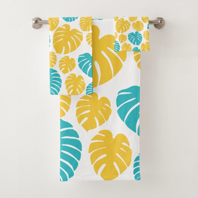 Conjunto De Toalhas Monstera deixa em turquesa, amarelo e branco (Insitu)