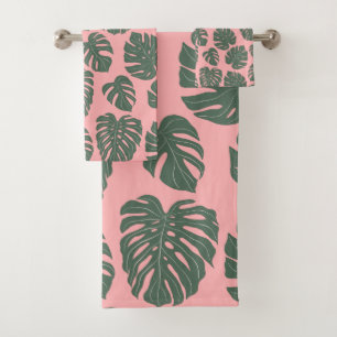Conjunto De Toalhas Monstera Leaf Plant Botanic em rosa e verde