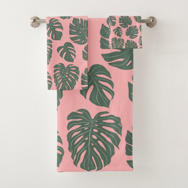 Conjunto De Toalhas Monstera Leaf Plant Botanic em rosa e verde  (Insitu)