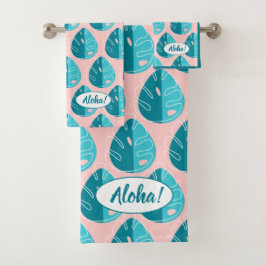 Conjunto De Toalhas Monstera Leaves - Blue and Pink