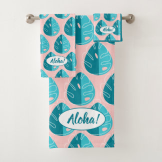 Conjunto De Toalhas Monstera Leaves - Blue and Pink