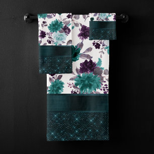 Conjunto De Toalhas Moody Boho   Turquoise Teal Dark Floral Shimmer