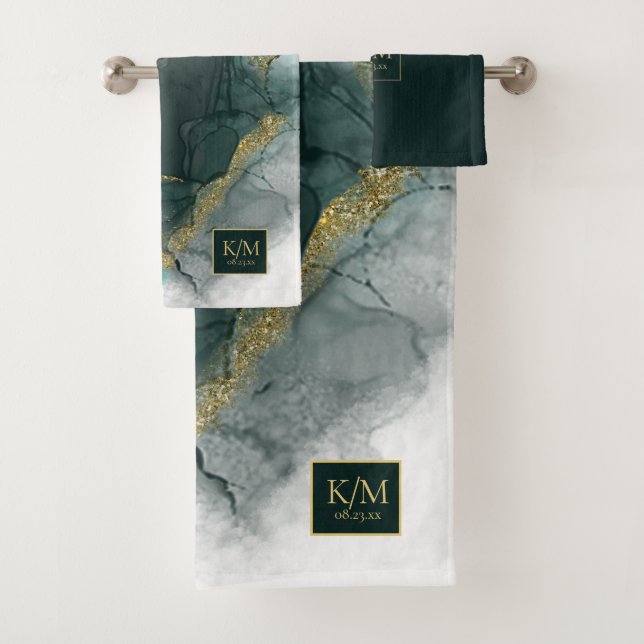 Conjunto De Toalhas Moody Ink Emerald Dourado Abstrato ID988 (Insitu)