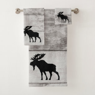 Conjunto De Toalhas Moose Silhouette Cinza Padrões De Madeira Banho C