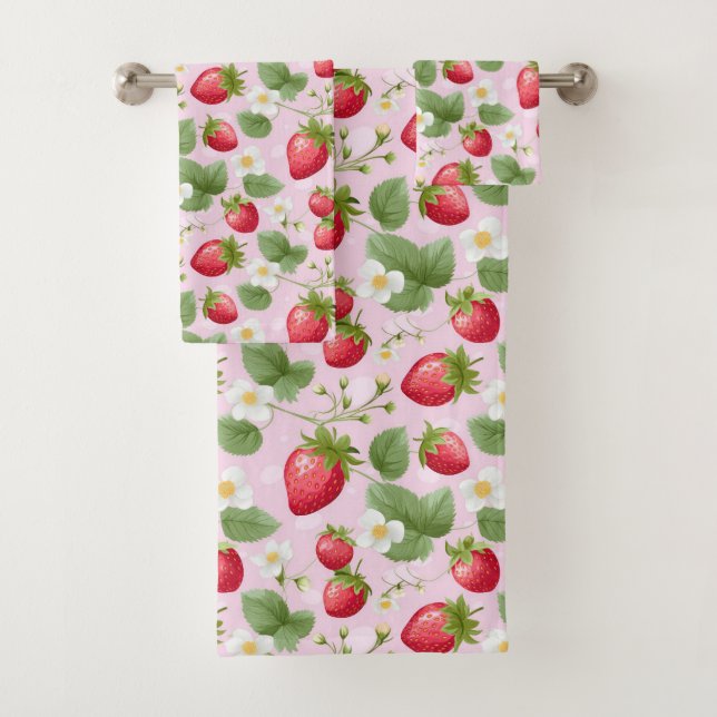 Conjunto De Toalhas Morangos Rosa Vermelho Branco Flora Verde (Insitu)